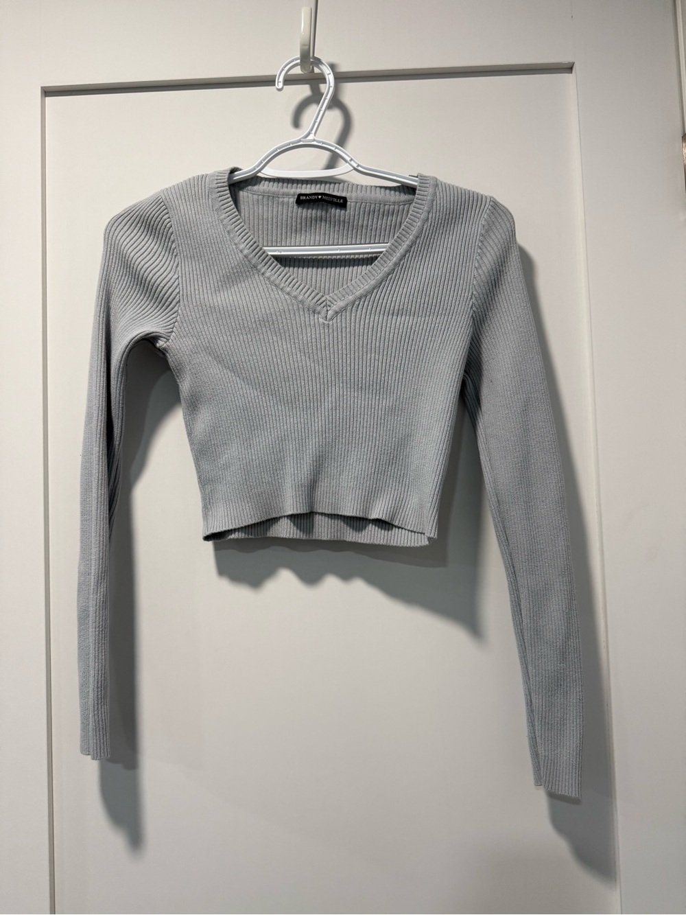 Brandy Melville Light Gray Ribbed V-Neck Crop Top